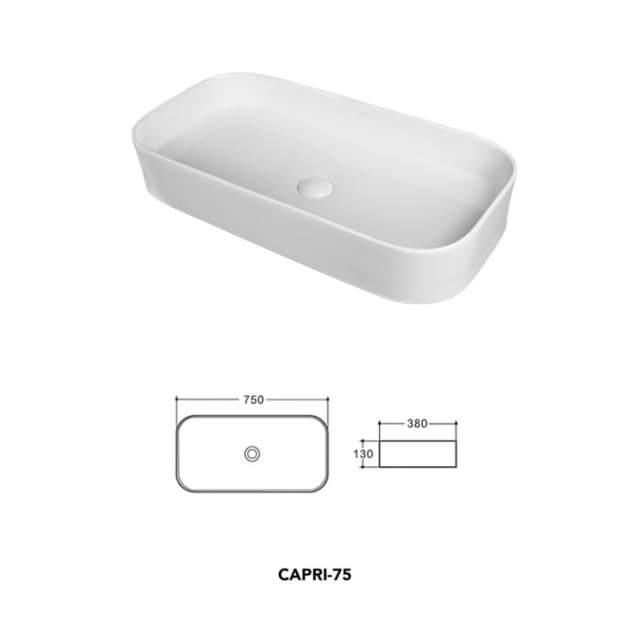 Lavoar pe blat Fluminia Capri 75, dreptunghiular, 75 x 38 cm, alb [1]