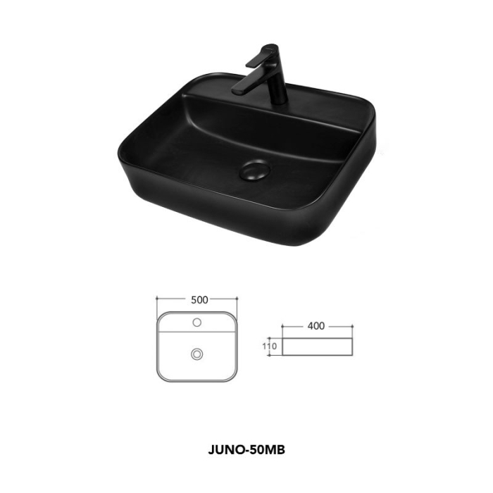 Lavoar pe blat Fluminia Juno-50MB, dreptunghiular, negru mat, cu orificiu pentru baterie, fără preaplin, 50 x 40 x 13 cm [2]