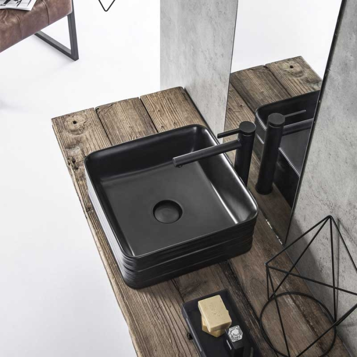 Lavoar pe blat Fluminia My Black Box, pătrat, 39 x 39 cm, cu ventil, negru mat [6]