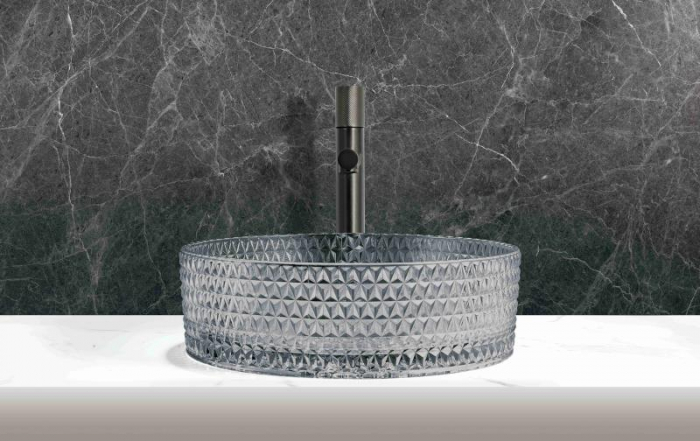 Lavoar rotund GLAM, din sticlă, montaj pe blat, 39,5x39,5x12cm - gri deschis [3]
