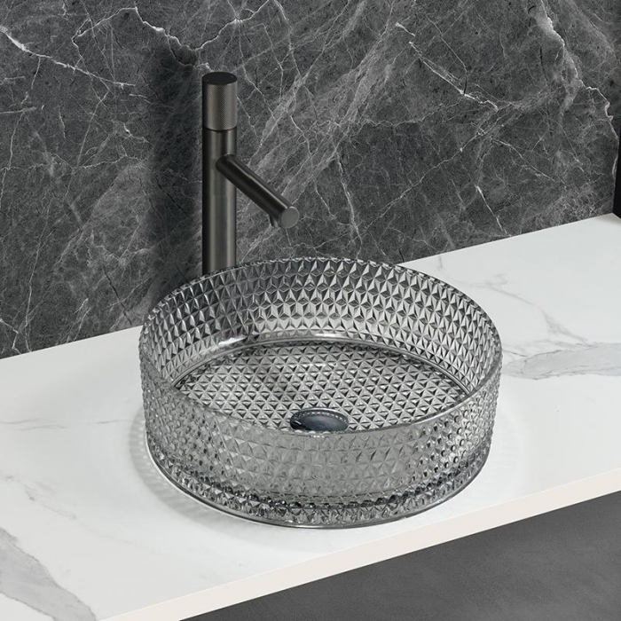 Lavoar rotund GLAM, din sticlă, montaj pe blat, 39,5x39,5x12cm - gri deschis [1]