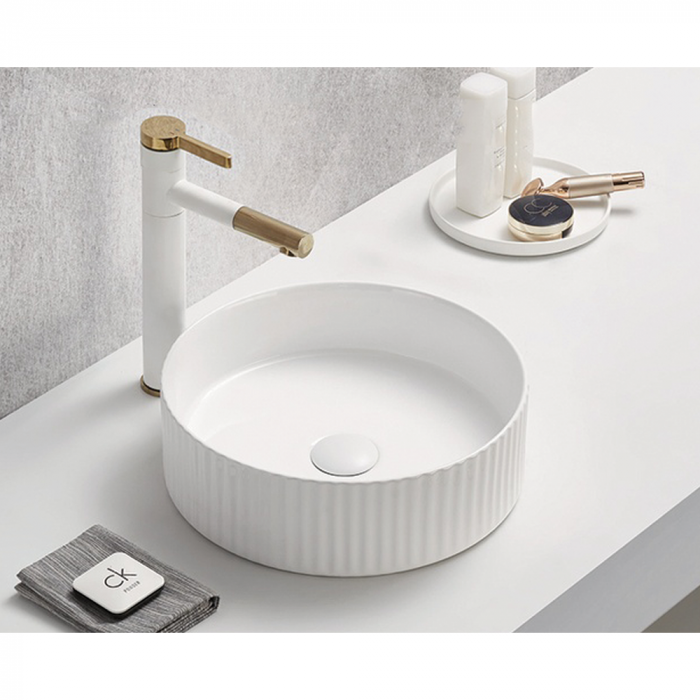 Lavoar rotund pe blat, cu riflaje 3D, alb lucios, Imperial Foglia [1]