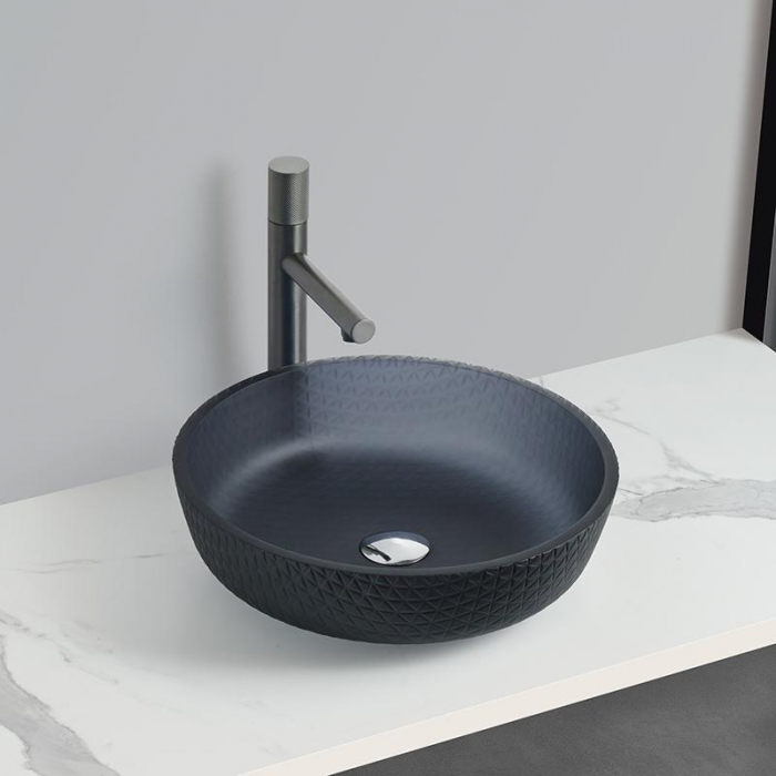 Produs resigilat – Lavoar rotund RUBEN, din sticlă, montaj pe blat, 42x42x11cm – Gri inchis mat [1]