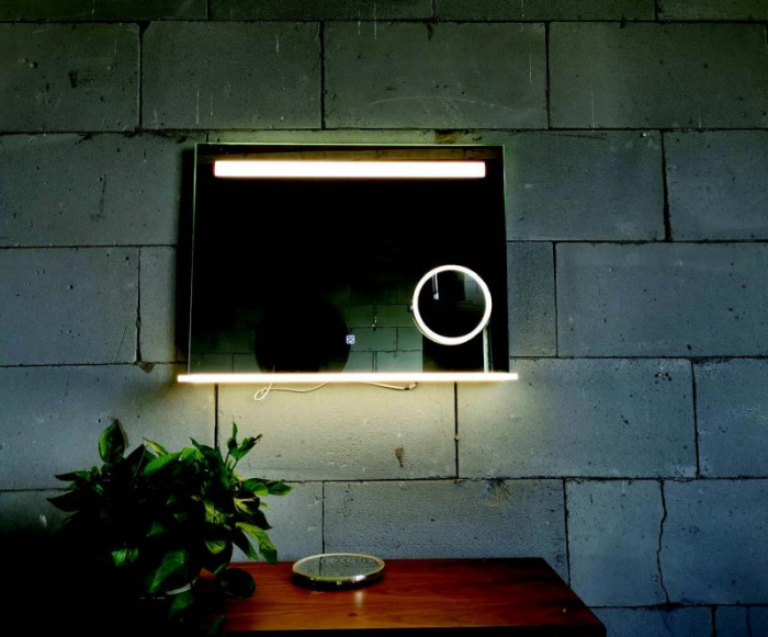 Oglindă LED, cu poliță, cu oglindă cosmetică detașabila, lumină reglabilă, dezaburire, 2 db bluetooth, 100x80cm [1]