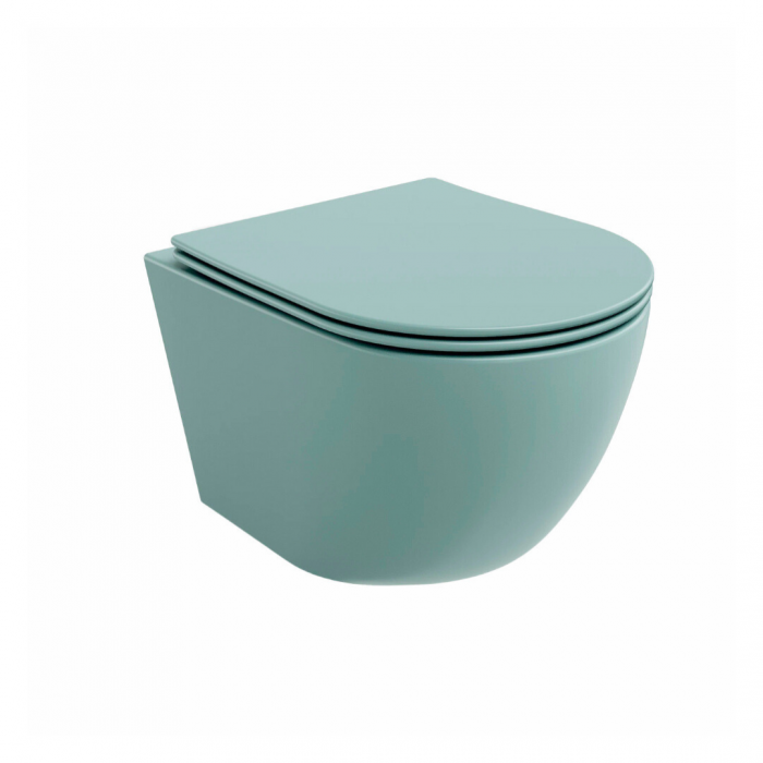 Set vas wc rimless suspendat, Rotund, Foglia Oslo si capac softclose verde turcoaz mat [1]