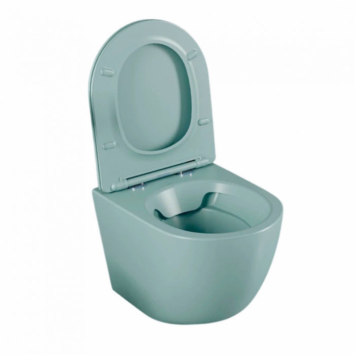 Set vas wc rimless suspendat, Rotund, Foglia Oslo si capac softclose verde turcoaz mat [2]