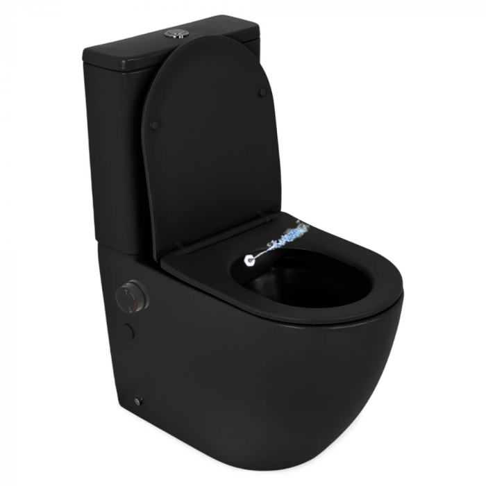 Set vas wc stativ cu functie de bideu, rezervor si capac soft close, negru mat, Foglia Eco [1]