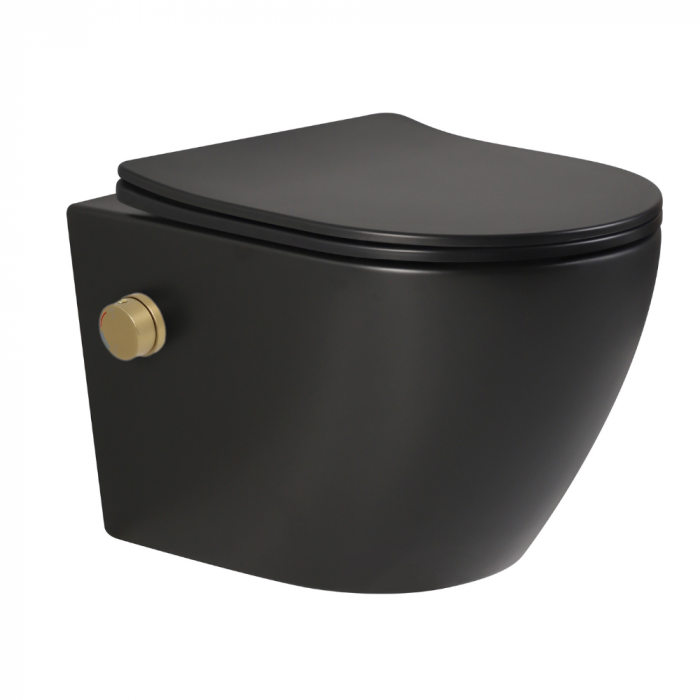 Vas wc suspendat cu functie bideu, negru mat, apă calda/rece, rimless, baterie inclusa auriu mat Foglia Oslo [5]