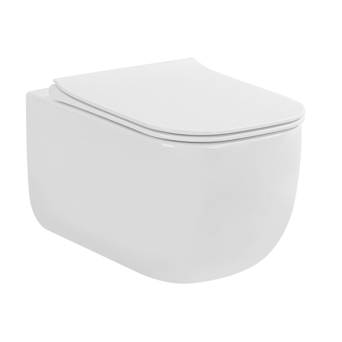 Vas WC suspendat Fluminia, Orion, rimless, cu fixare ascunsă, capac soft close, quick release, alb [1]