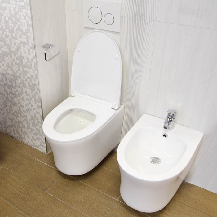 Set vas WC suspendat Fluminia Isolda, rimless, cu capac soft close și quick release, alb [2]