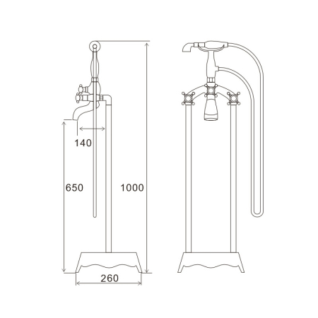 DUO FREE RETRO – Baterie stativă din alamă pentru cadă freestanding, cu duș mobil, maner zinc, comutator cadă-duș, finisaj crom [1]