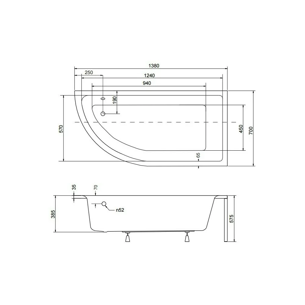 Cadă asimetrică acrilică Besco Praktika 140x70 cm, montaj dreapta, alb, picioare incluse [2]