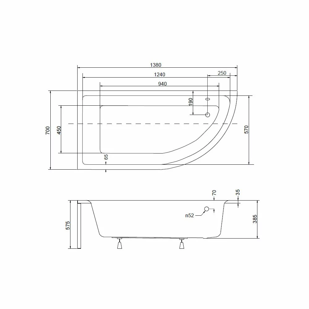 Cadă asimetrică acrilică Besco Praktika 140x70 cm, montaj stânga, alb, picioare incluse [3]