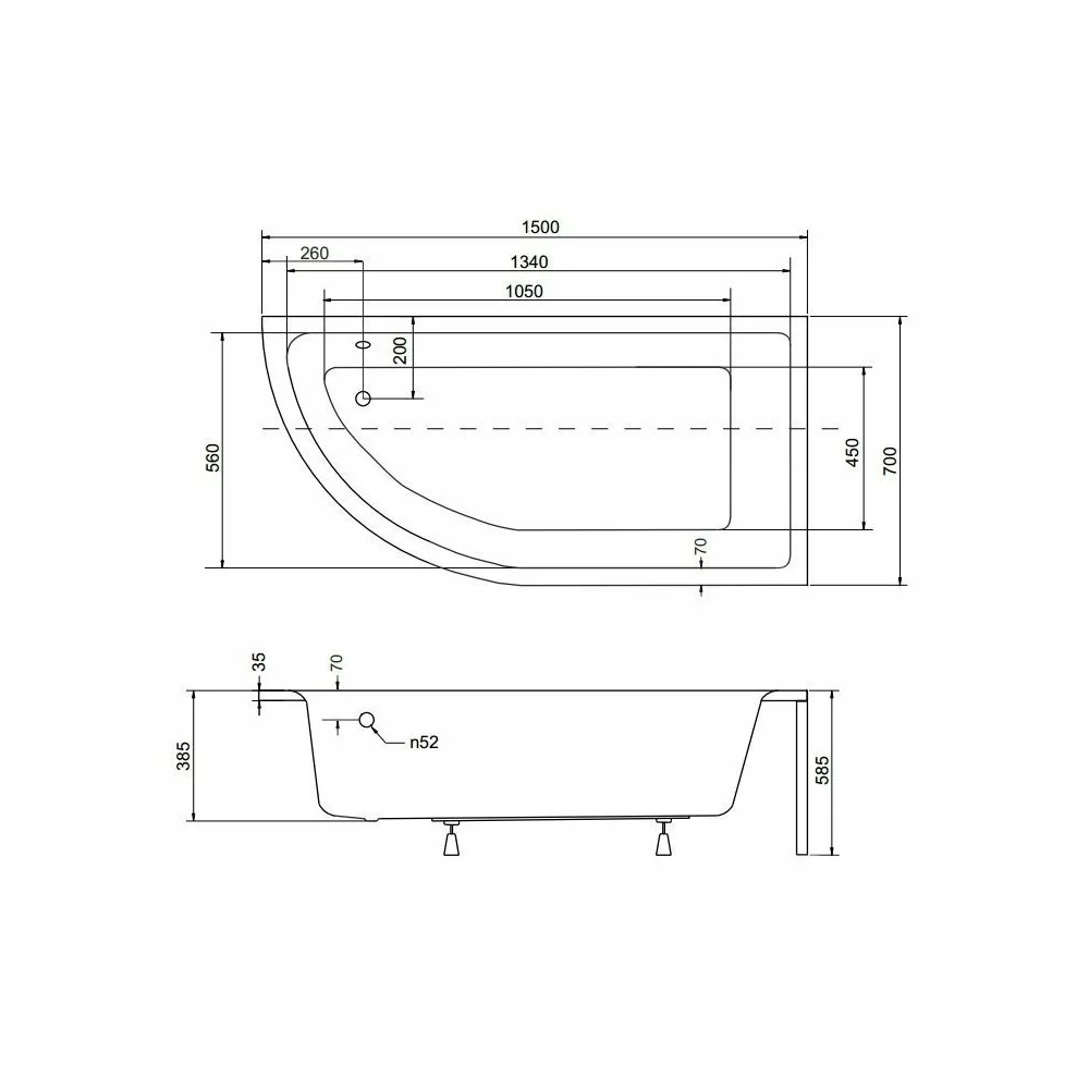 Cadă asimetrică acrilică Besco Praktika 150x70 cm, montaj dreapta, alb, picioare incluse [3]