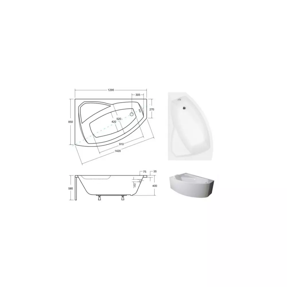 Cadă asimetrică acrilică Besco Rima 130x85 cm, montaj stânga, alb, picioare incluse [1]