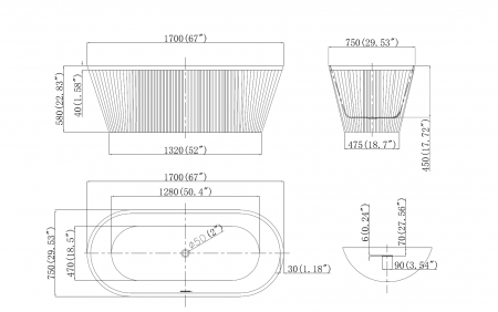 Cada baie freestanding 170 x 75 cm, forma ovala, cu riflaje 3D negru cu alb Scarlet Foglia [4]