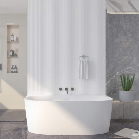 Beatrice Slim 170, cadă semi-ovală cu o latură dreaptă, acril alb, cu instalație completă (preaplin, ventil și sifon), 170 x 80 x 58 cm [3]
