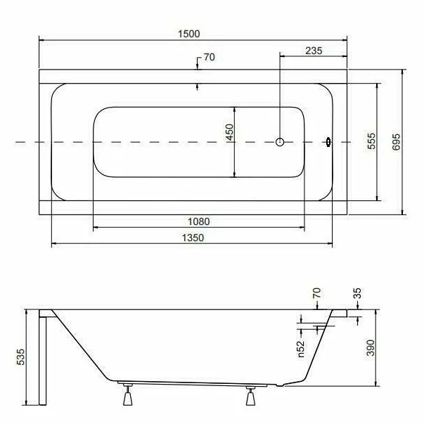 Cadă rectangulară acryl Besco Modern 150x70 cm, picioare incluse [3]