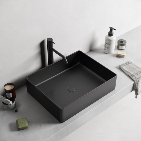 Lavoare - Lavoar baie dreptunghiular pe blat, negru mat, fara ventil, Foglia, Color