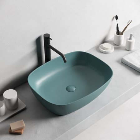 Lavoare - Lavoar baie pe blat, dreptunghiular margini rotunde, verde turcoaz mat, Bristol Foglia