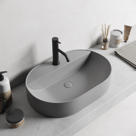 Baie - Lavoar baie pe blat, gri mat, cu orificiu baterie, Foglia Maurice