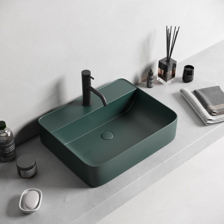 Baie - Lavoar baie pe blat, verde inchis mat, dreptunghiular, cu orificiu baterie Foglia Golar