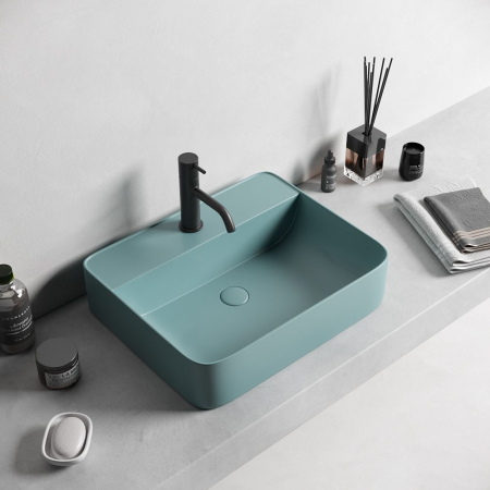 Lavoare - Lavoar baie pe blat, verde turcoaz mat, dreptunghiular, cu orificiu baterie, Foglia Golar