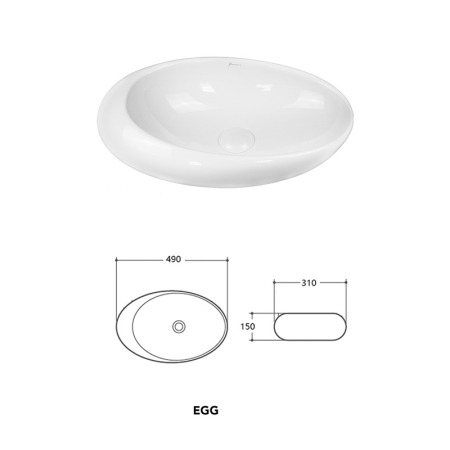 Lavoar pe blat Fluminia Egg, oval, fără orificiu pentru baterie, 49x31 cm, alb [1]
