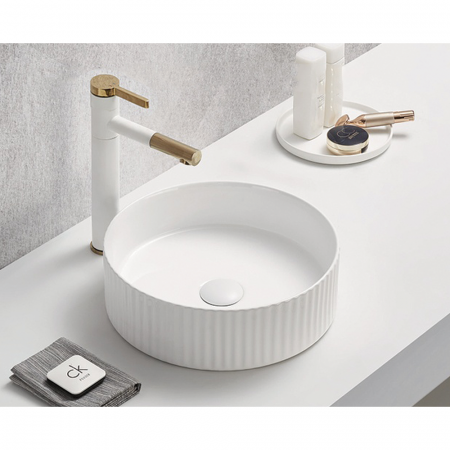 Lavoare - Lavoar rotund pe blat, cu riflaje 3D, alb lucios, Imperial Foglia