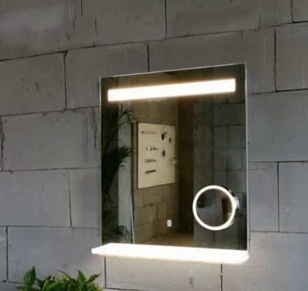 Oglinzi baie - Oglindă LED, cu poliță, cu oglindă cosmetică detașabila, lumină reglabilă, dezaburire, 2 db bluetooth, 60x80cm