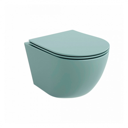 Vase WC - Set vas wc rimless suspendat, Rotund, Foglia Oslo si capac softclose verde turcoaz mat