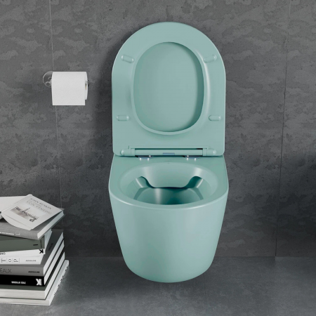 Set vas wc rimless suspendat, Rotund, Foglia Oslo si capac softclose verde turcoaz mat [4]