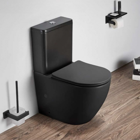 Vase WC - Set vas wc stativ rimless negru mat Foglia Oslo cu rezervor si capac soft close inclus