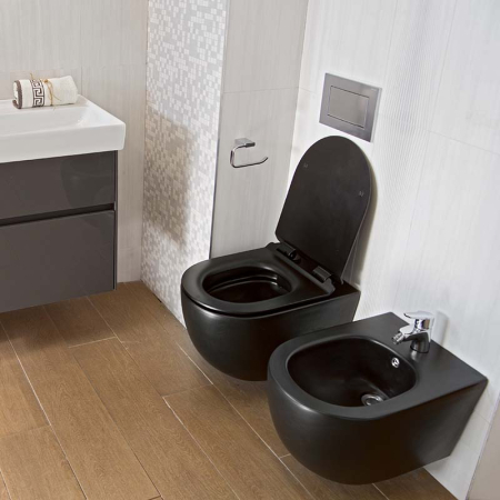 Set vas WC suspendat Fluminia Minerva, rimless, cu capac quick release și soft close, negru mat [2]