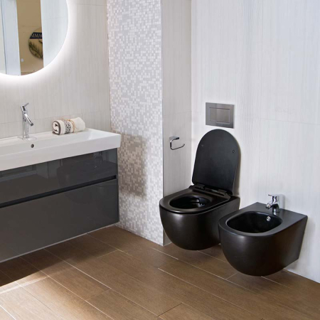 Set vas WC suspendat Fluminia Minerva, rimless, cu capac quick release și soft close, negru mat [3]