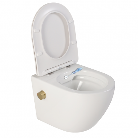 Vase WC cu functie de bideu - Vas wc suspendat cu functie bideu, semirotund, rimless, apă calda/rece, capac soft close, baterie crom Foglia Oslo