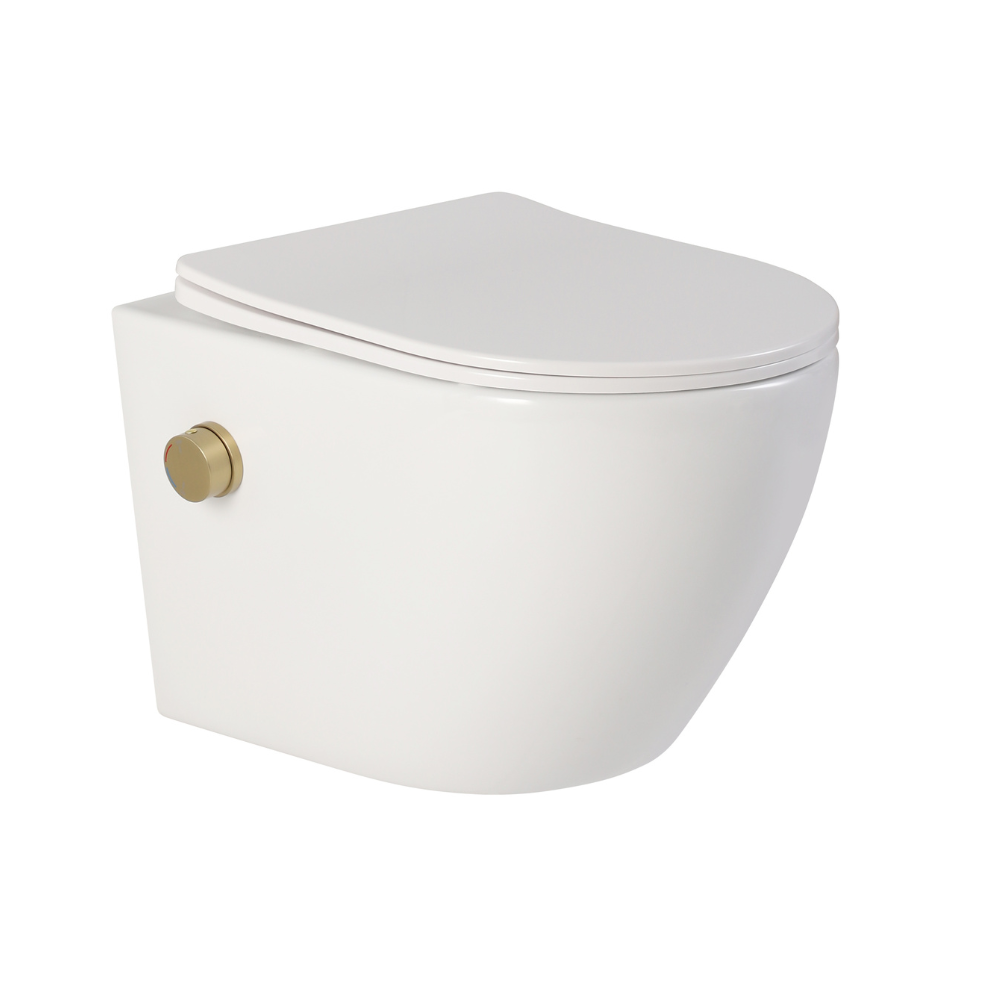 Vas wc suspendat cu functie bideu, semirotund, rimless, apă calda/rece, capac soft close, baterie auriu mat Foglia Oslo [2]