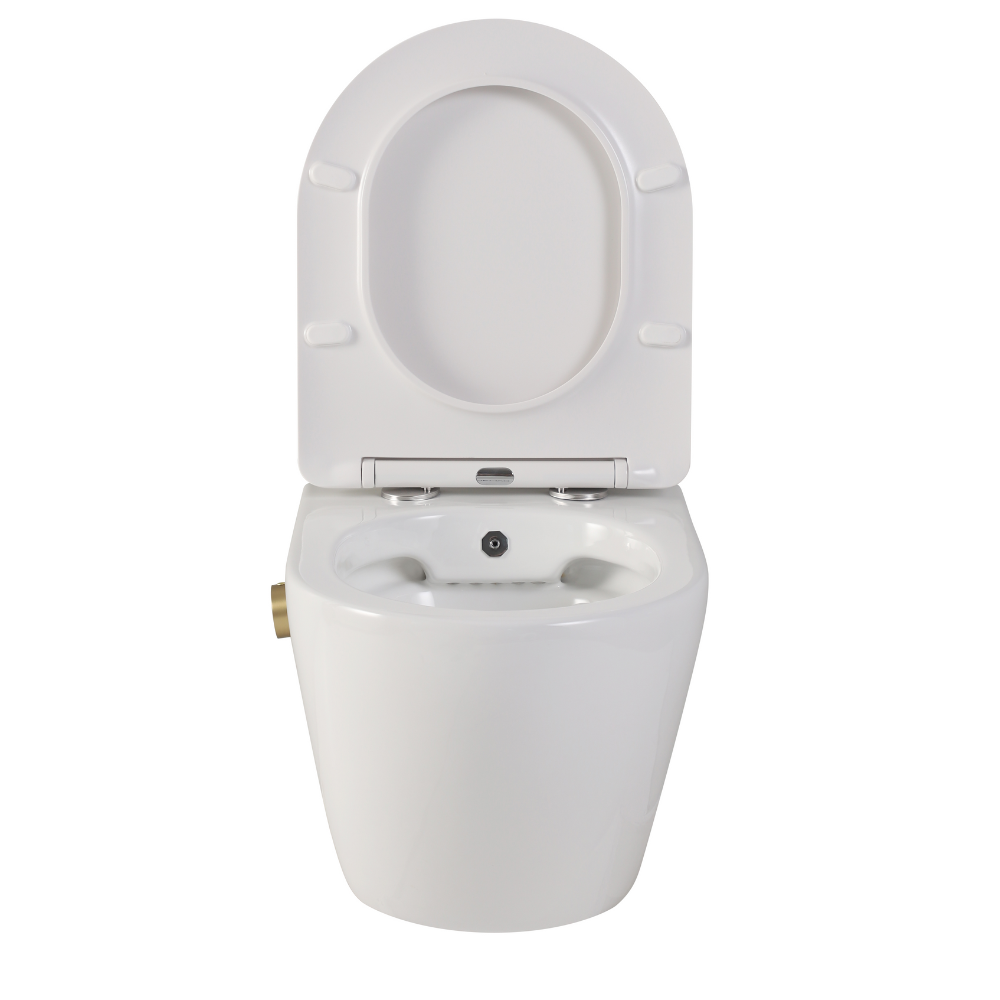 Vas wc suspendat cu functie bideu, semirotund, rimless, apă calda/rece, capac soft close, baterie auriu mat Foglia Oslo [1]