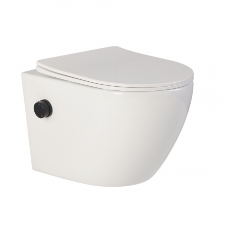 Vas wc suspendat cu functie bideu, semirotund, rimless, apă calda/rece, capac soft close, baterie negru mat Foglia Oslo [3]