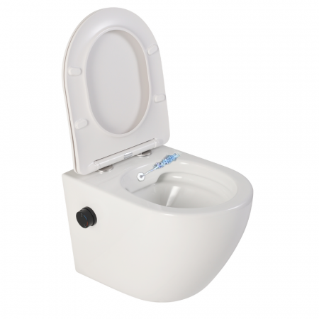 Vase WC cu functie de bideu - Vas wc suspendat cu functie bideu, semirotund, rimless, apă calda/rece, capac soft close, baterie negru mat Foglia Oslo