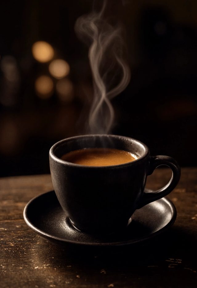 Espresso proaspat, aburind, in lumina aurie de dimineata
