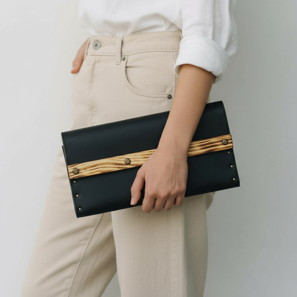 Geantă crossbody din piele cu lemn „Black Mini” – elegantă, compactă şi artizanală [5]