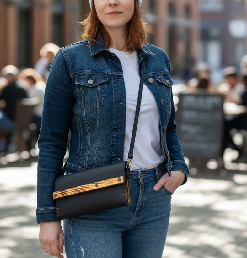 Geantă crossbody din piele cu lemn „Black Mini” – elegantă, compactă şi artizanală [12]