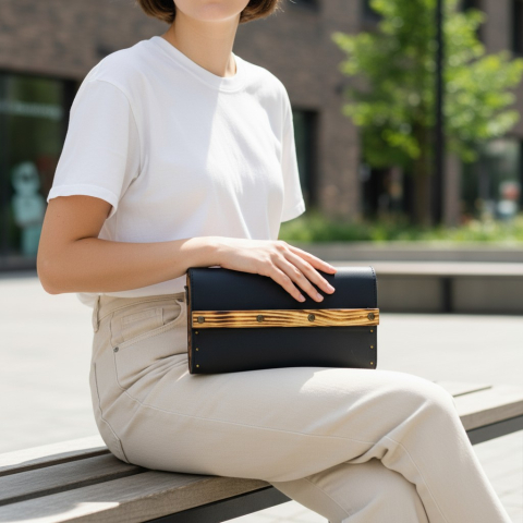 Geantă crossbody din piele cu lemn „Black Mini” – elegantă, compactă şi artizanală [3]