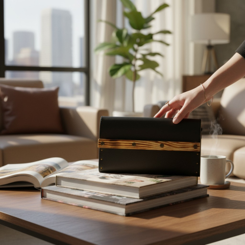 Geantă crossbody din piele cu lemn „Black Mini” – elegantă, compactă şi artizanală [10]