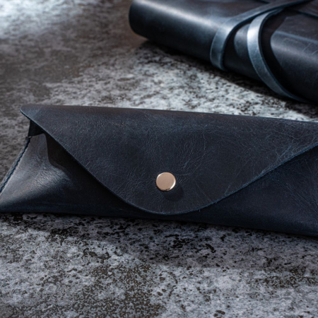 Travel - Etui ochelari Vintage, piele naturală, închidere cu capsă, albastru