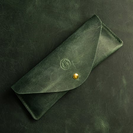 Travel - Etui ochelari Vintage, piele naturală, închidere cu capsă, verde