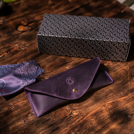 Travel - Etui ochelari Vintage, piele naturală, închidere cu capsă, mov