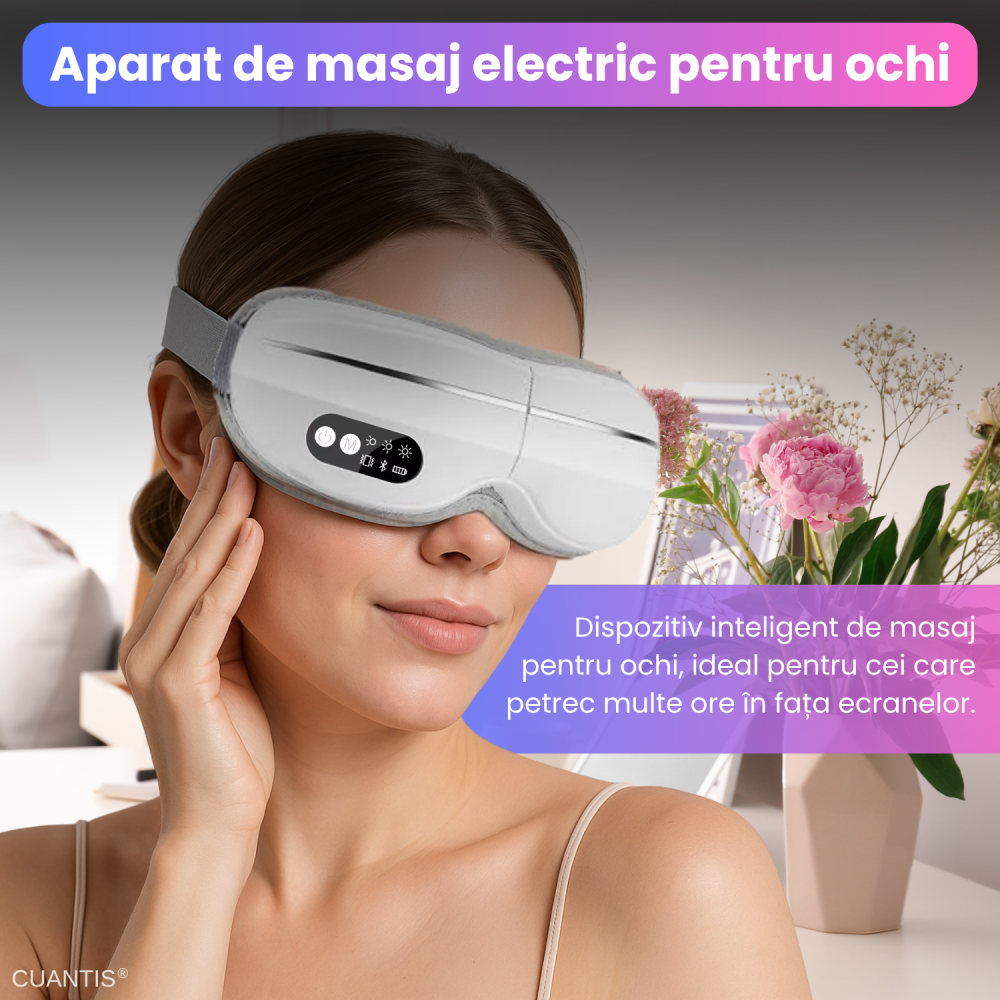 Aparat de masaj electric pentru ochi, Cuantis, 1000mah, autonomie extinsa, compresie caldura si vibratii, control prin telefon, muzica wireless, alb [2]