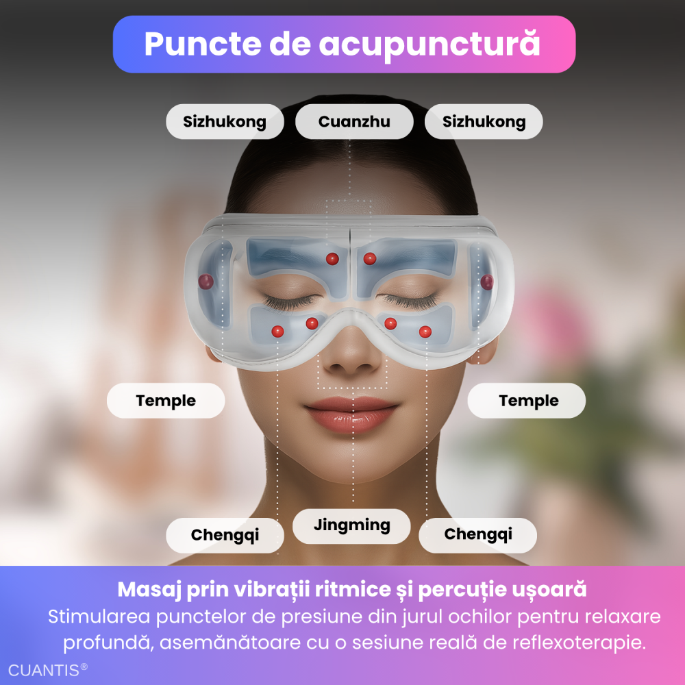 Aparat de masaj electric pentru ochi, Cuantis, 1000mah, autonomie extinsa, compresie caldura si vibratii, control prin telefon, muzica wireless, alb [3]